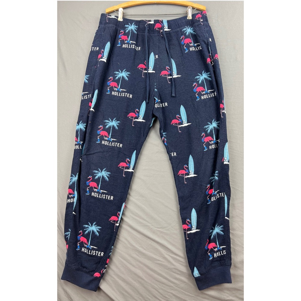 Hollister Sleep Pants Mens Large Joggers Navy Blue Flamingo Surfboard AOP Good
